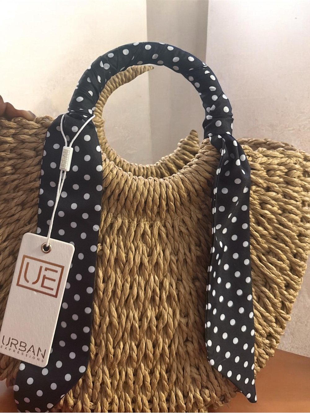 Urban Expressions Straw Tote with Black & White Polka Dot Handle Scarf